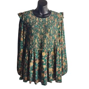Torrid Women's Green Floral Peplum Crinkle Gauze Smocked Top Blouse Size 00
